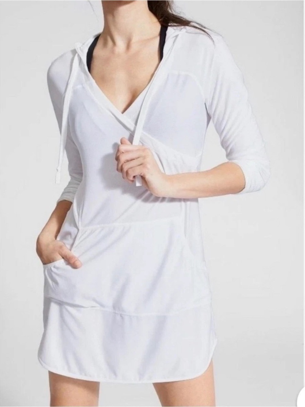 Athleta Wick-It Wader Coverup Dress White Large Hooded Rash Guard V-Neck
